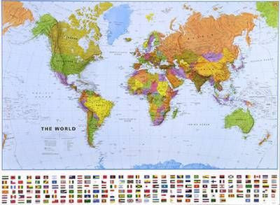 World Political Wall Map with Flags 40" X 28"