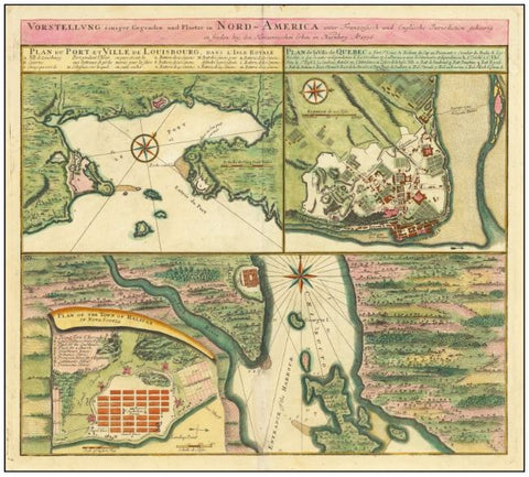Map of Halifax, Quebec City and Louisburg, Homann Heirs, 1756