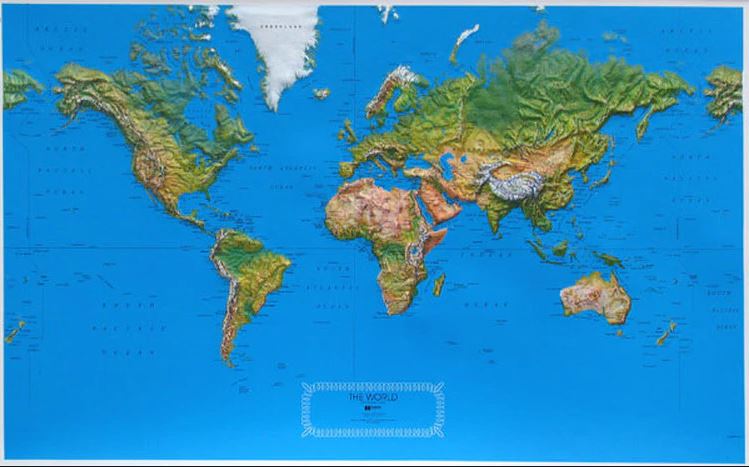World Raised Relief Wall Map 34"x 22"